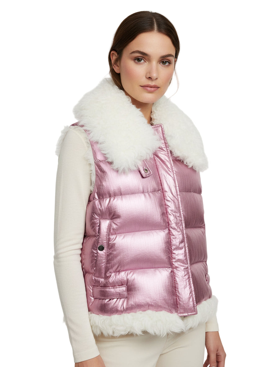 Metallic Puffy Vest with Curly Lamb