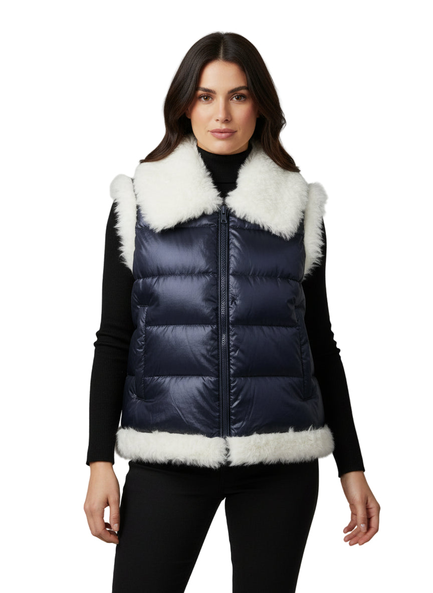 Metallic Puffy Vest with Curly Lamb