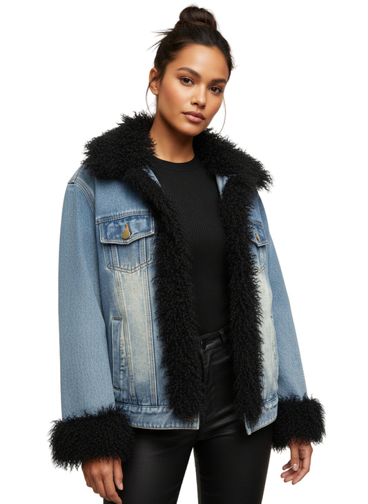 Denim Jacket with Tibetan Lamb Trim