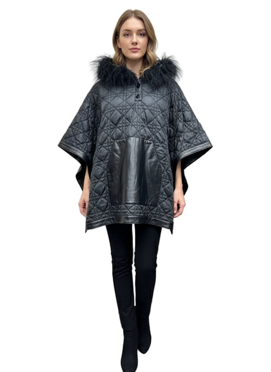 Nylon Poncho with Leather Pocket and Fur Trimmed Hood
