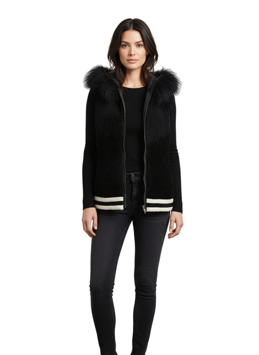 Curly Lamb and Nylon Vest with Fur Trim
