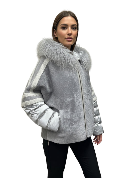 Lamb and Nylon Jacket with Fur Trim and Removable Sleeves