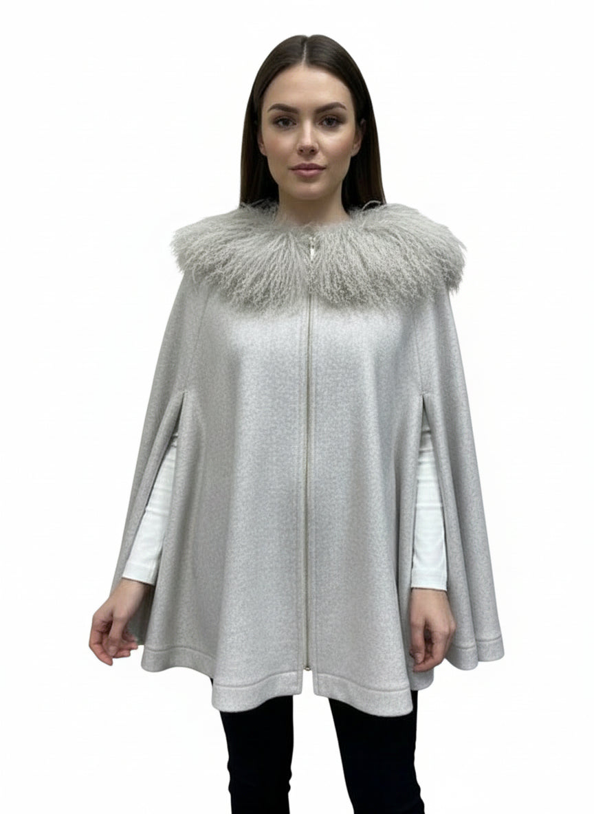 Hooded Cape with Taupe Dyed Mongolian Lamb