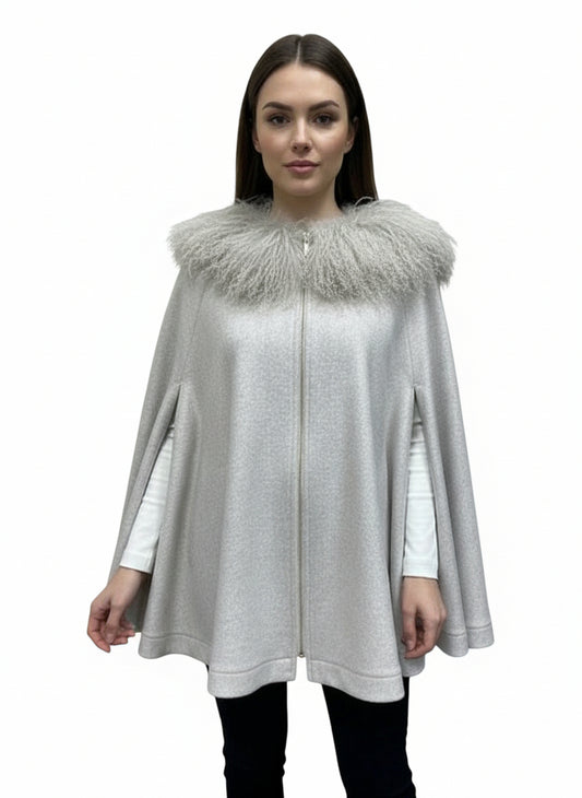Hooded Cape with Taupe Dyed Mongolian Lamb