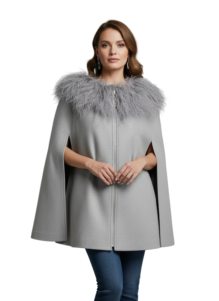 Hooded Cape with Grey Dyed Mongolian Lamb