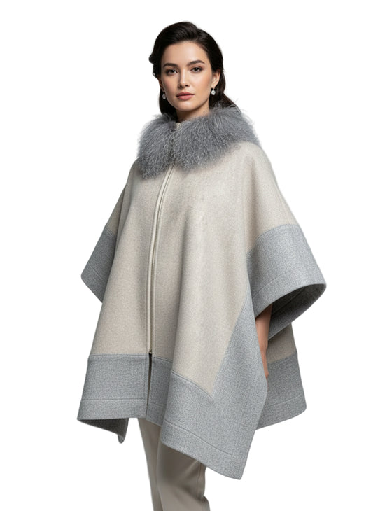 Wool Poncho with Taupe Dyed Mongolian Lamb
