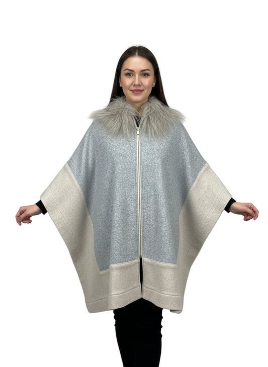 Wool Poncho with Grey Dyed Mongolian Lamb