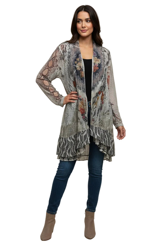 Long Mix Media Open Front Cardigan