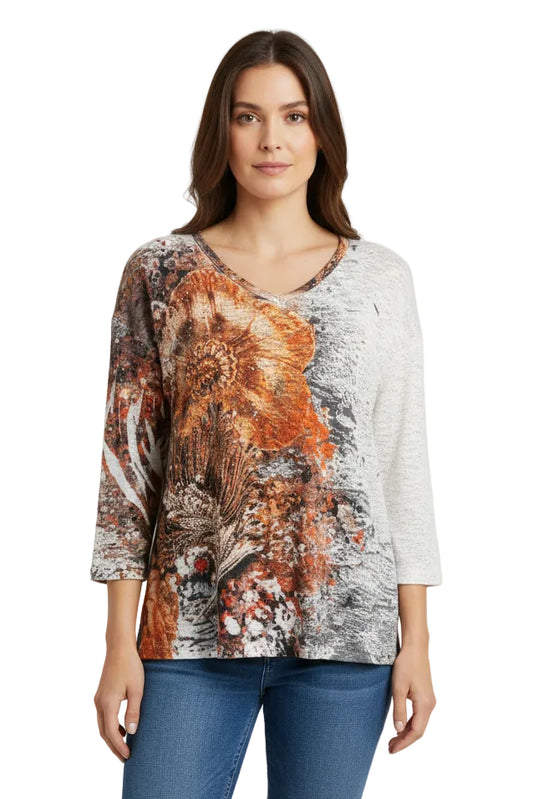 3/4 Slv Knit V-Neck Top with Print and Stones