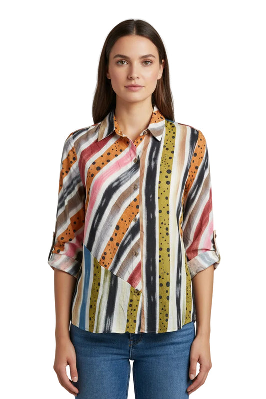 Rolled Slv Button Front Hi-Lo Blouse