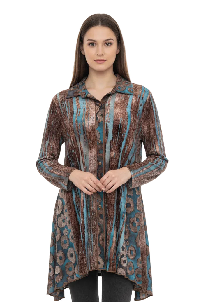 Button Up Hi Lo Long Sleeve Burnout Top