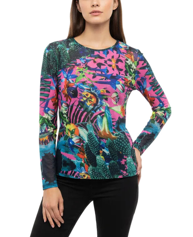 Long Sleeve Printed Mesh Top