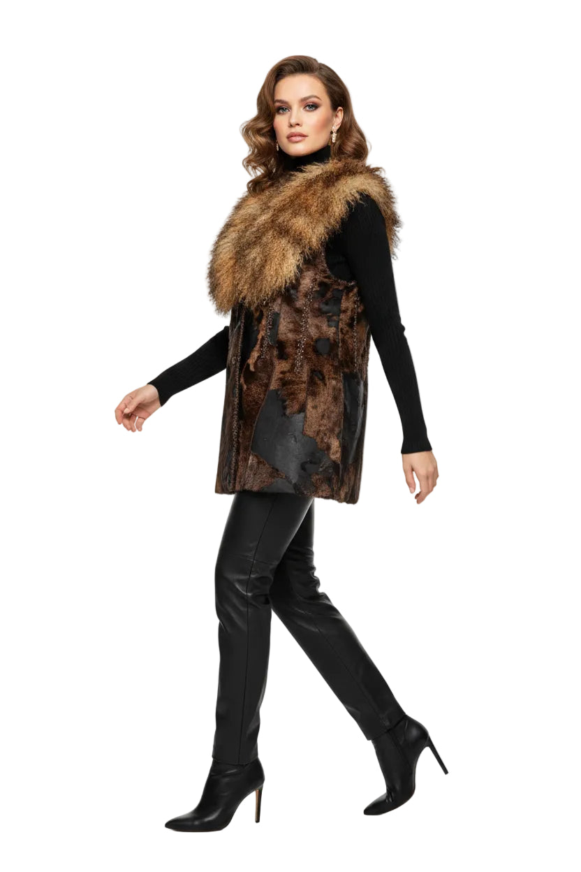 Vest - Hair On Calf with Crystal Trim with Mongolian Trim