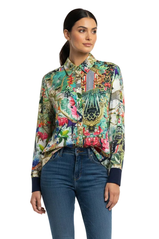 Navy Knit Cuff Jungle Button Down Blouse