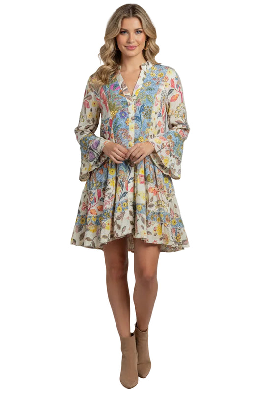 Button Down V-Neck Tiered Dress