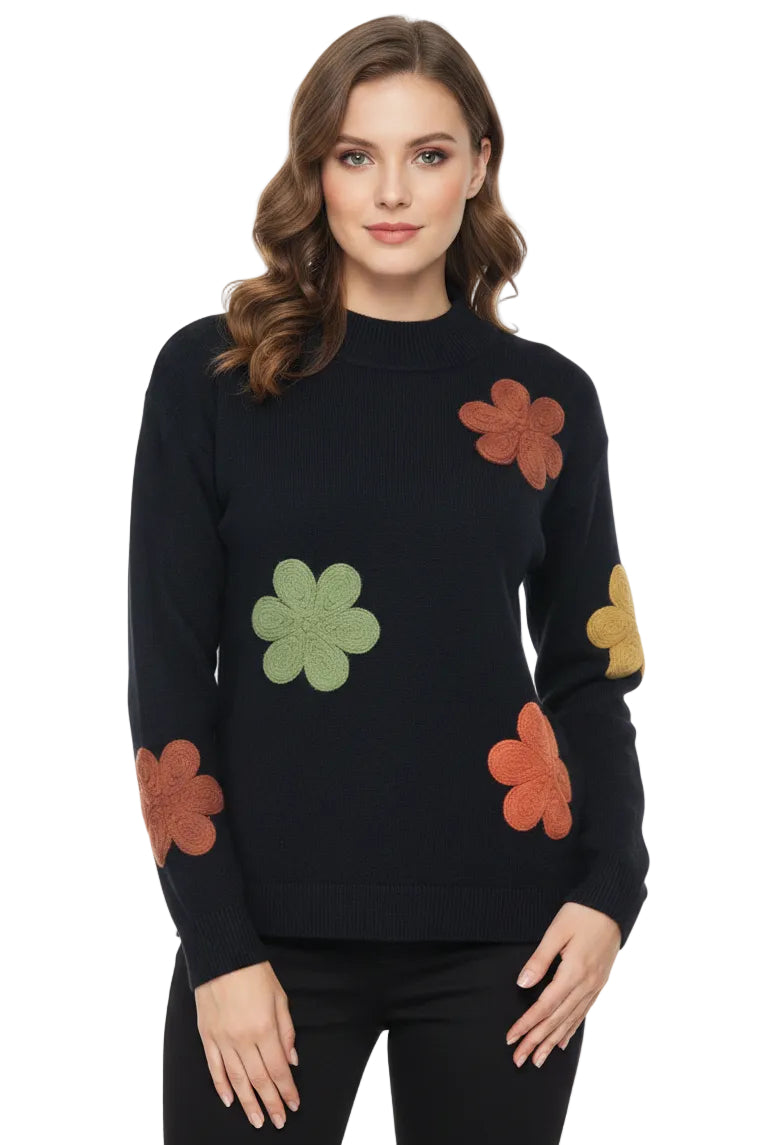 L/S Drop Shoulder Flower Applique Sweater