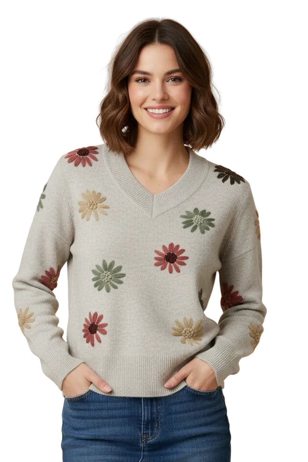 Embroidered V-Neck Sweater