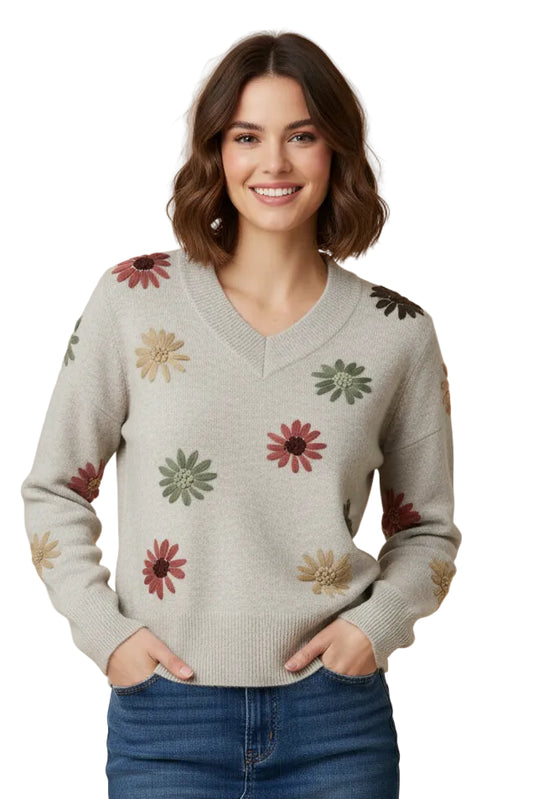 Embroidered V-Neck Sweater