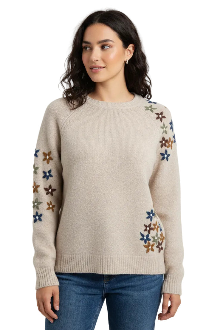 Floral Embroidered Raglan Crew Neck Sweater