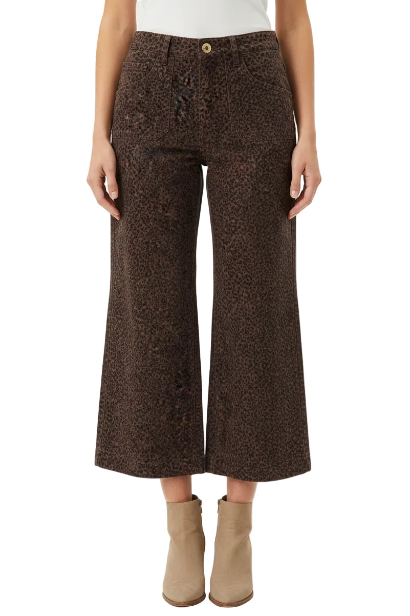 Printed Cropped Wide Leg Twill Pants