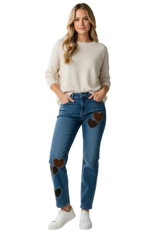 Straight Leg Pants with Corduroy and Leopard Heart Patches