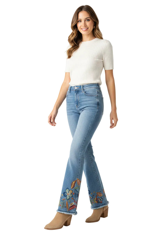 Flare Leg Stretch Denim Pants with Embroidery