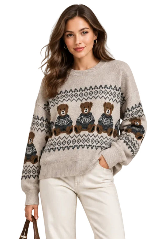 Crew Neck Sweater Bear Motif