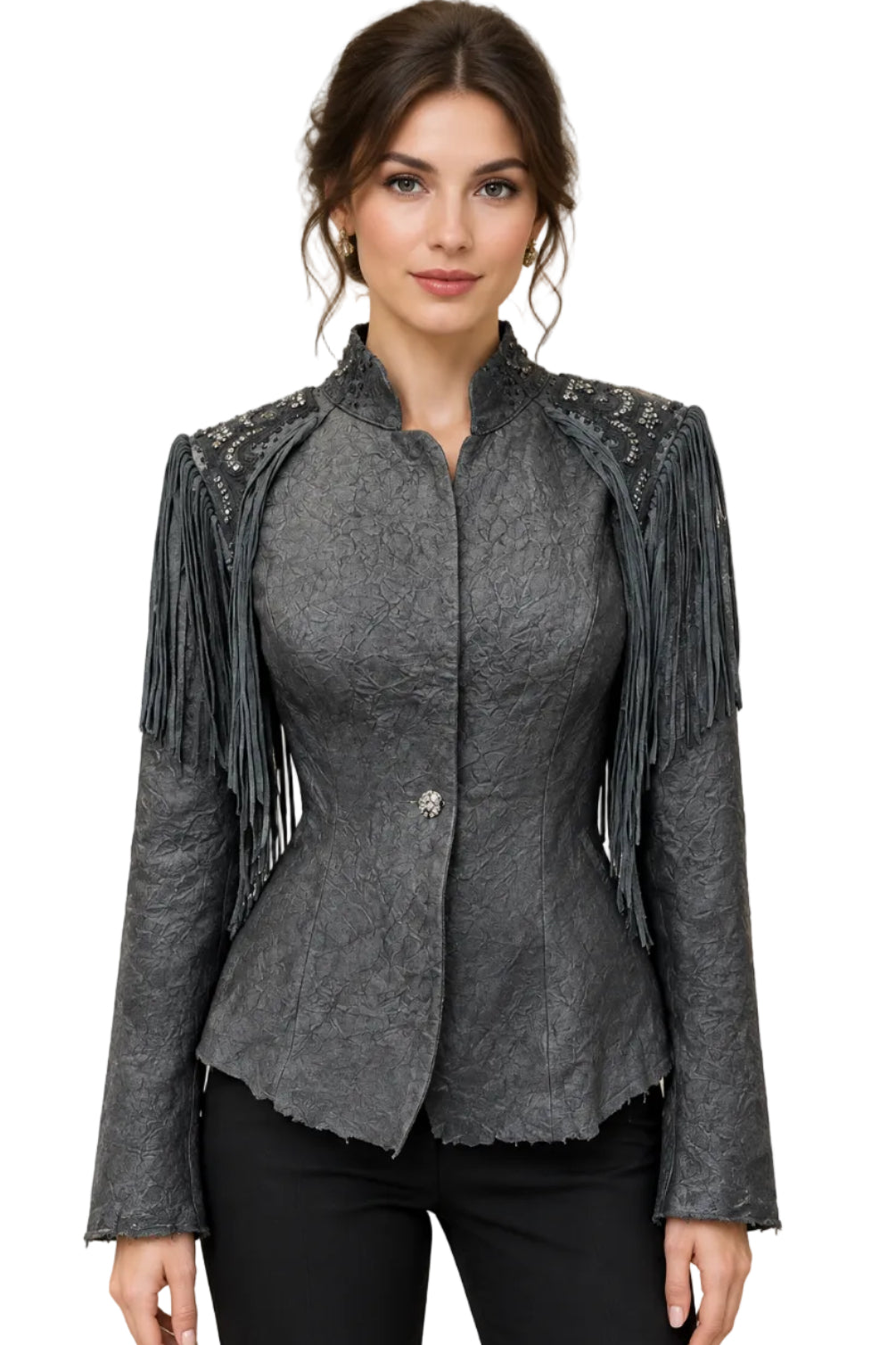 Wrinkle Lamb Jacket Fringes Crystal Trim