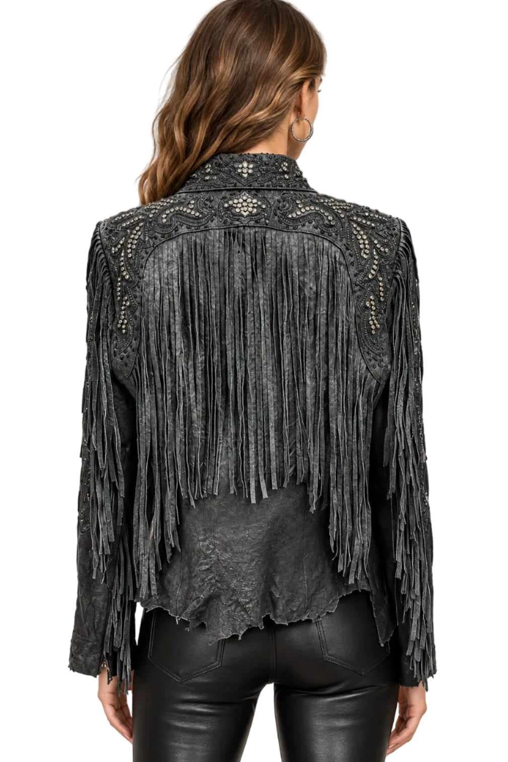 Wrinkle Lamb Jacket Fringes Crystal Trim