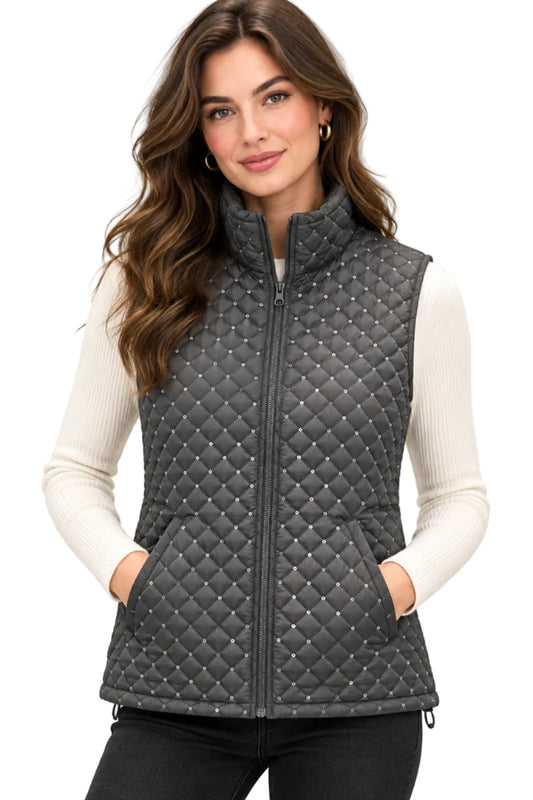 Quilted Zip Up Vest with Sequins