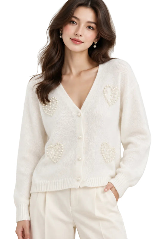 Button Up Cardigan with Pearl Hearts