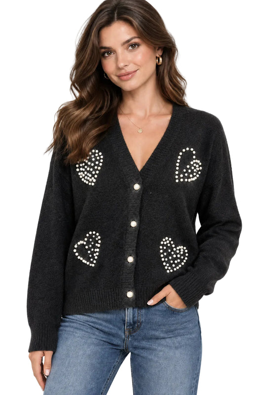 Button Up Cardigan with Pearl Hearts