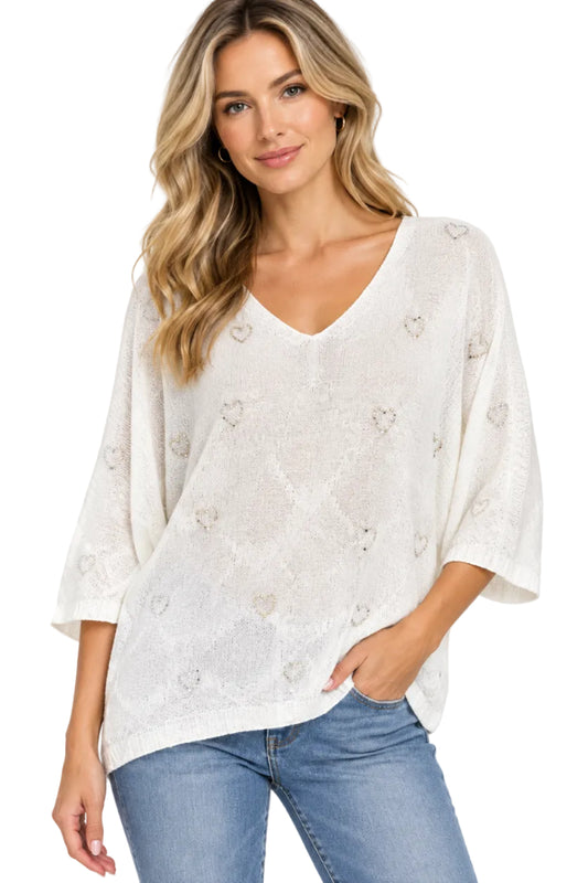 Bat Wing V-Neck Sweater with Hearts