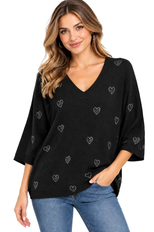 Bat Wing V-Neck Sweater with Hearts