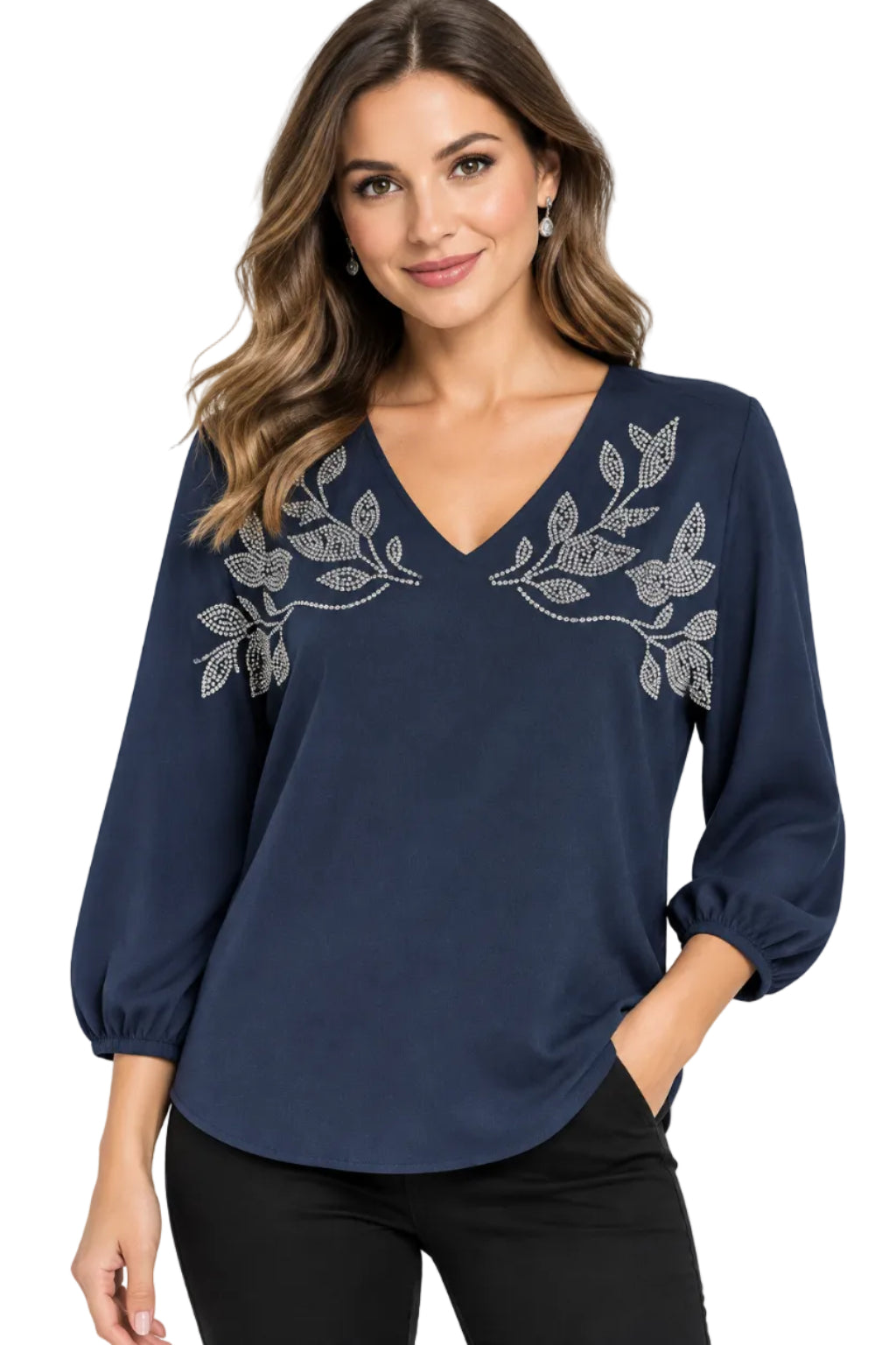 3/4 Sleeve V-Neck Embellished Top
