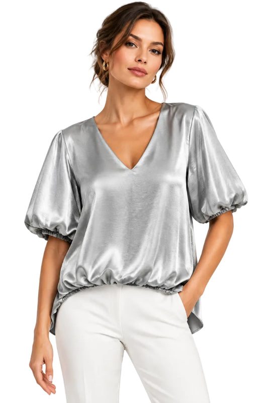 Bubble Sleeve V-Neck Satin Top