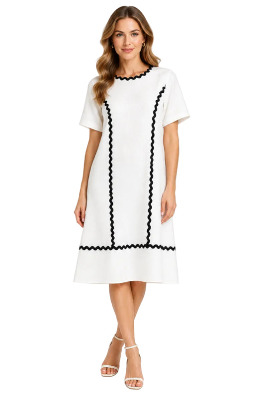 S/S A-Line Midi Dress with Trim Detail
