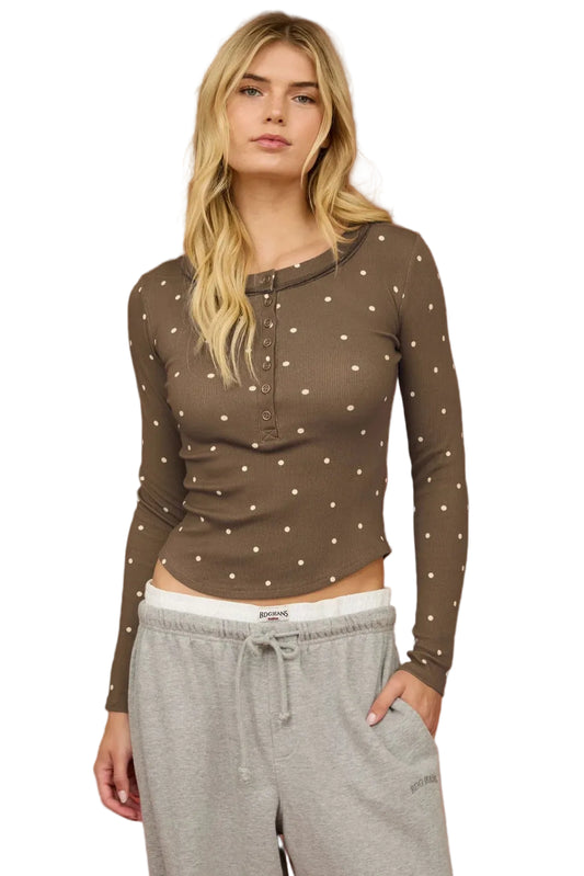 Polka Dot L/S Henley Knit Top