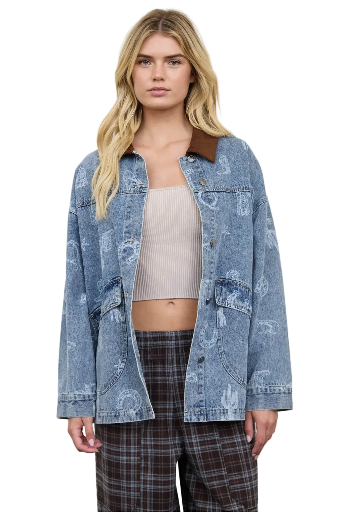 Western Print Denim Corduroy Collar Shacket