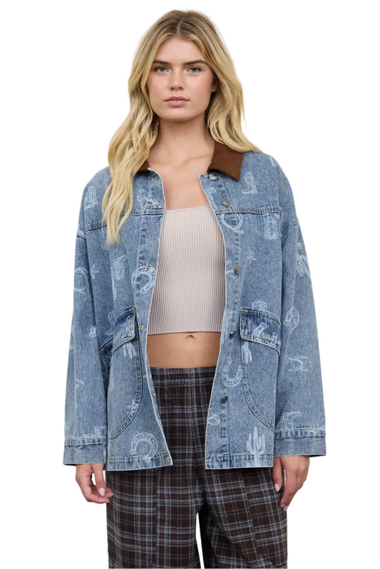 Western Print Denim Corduroy Collar Shacket