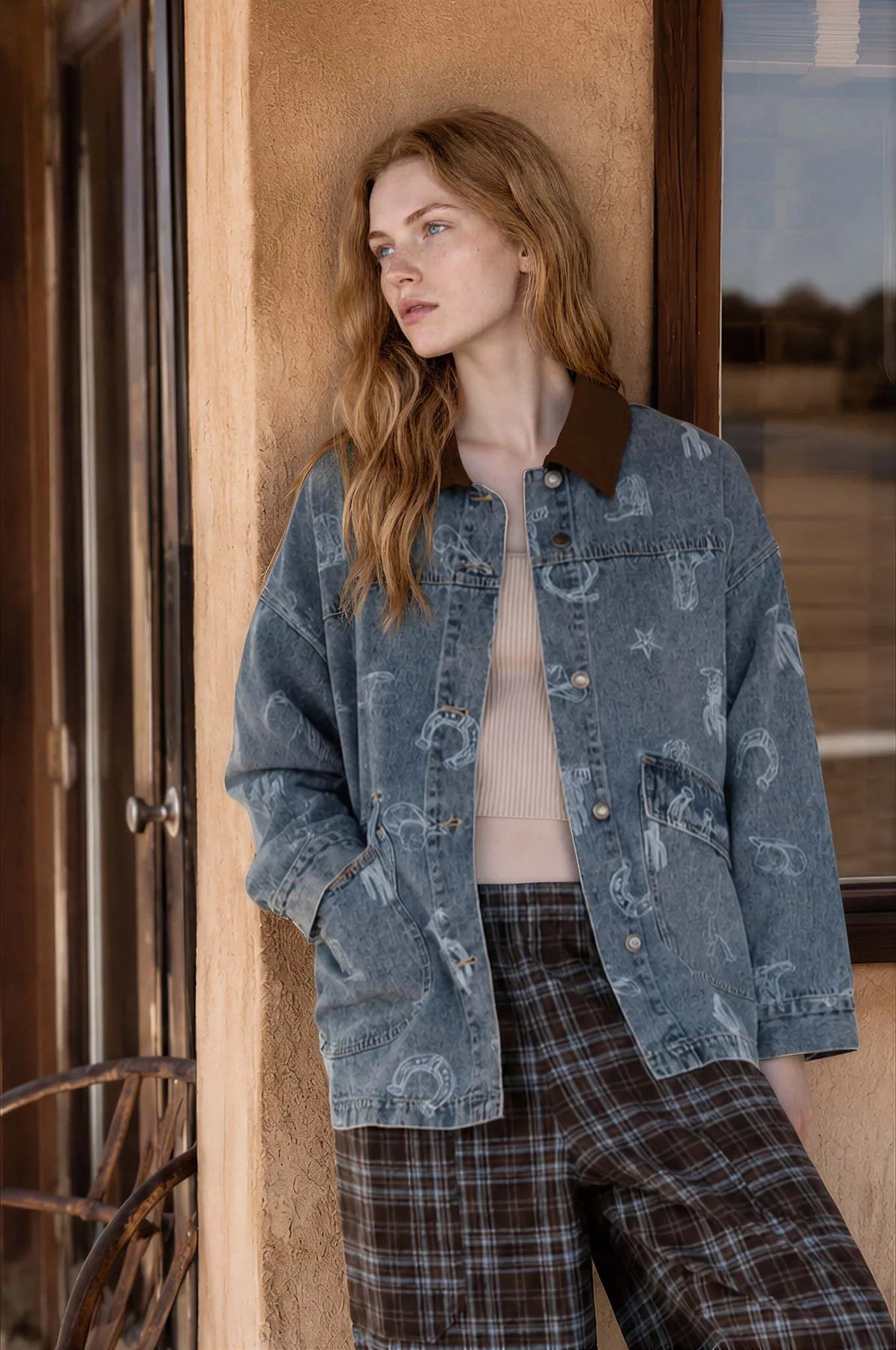 Western Print Denim Corduroy Collar Shacket