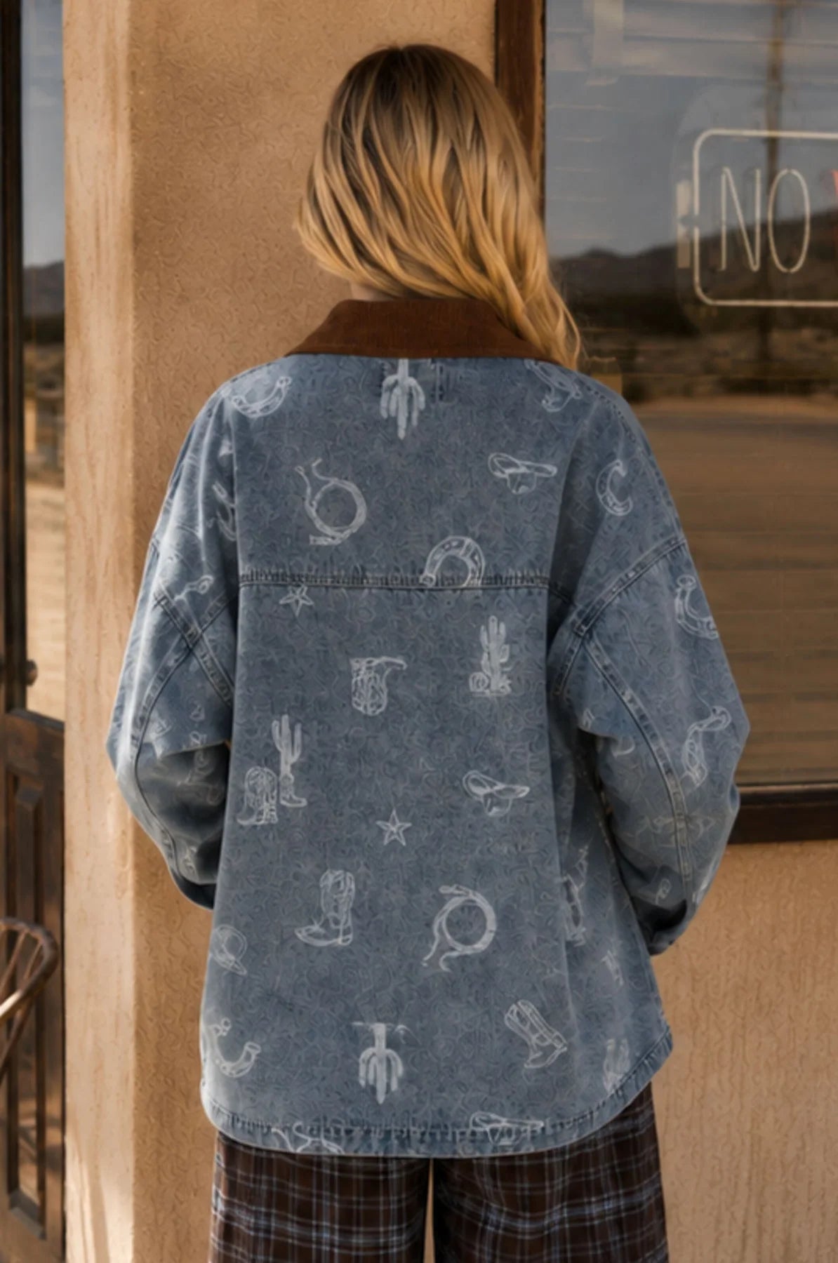 Western Print Denim Corduroy Collar Shacket