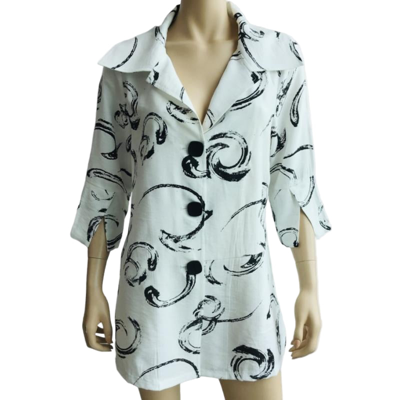 Kamana 3/4 Slv Notch Collar Button Front Top