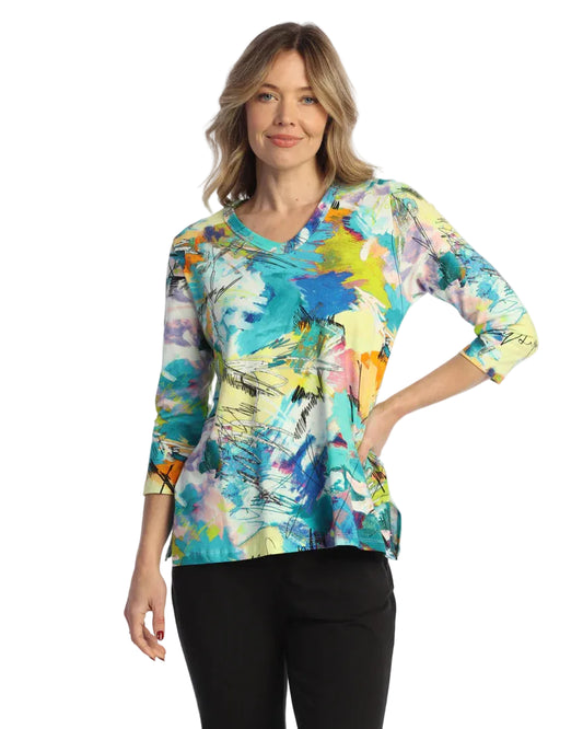 V-Neck Top with Side Slits - Kelly