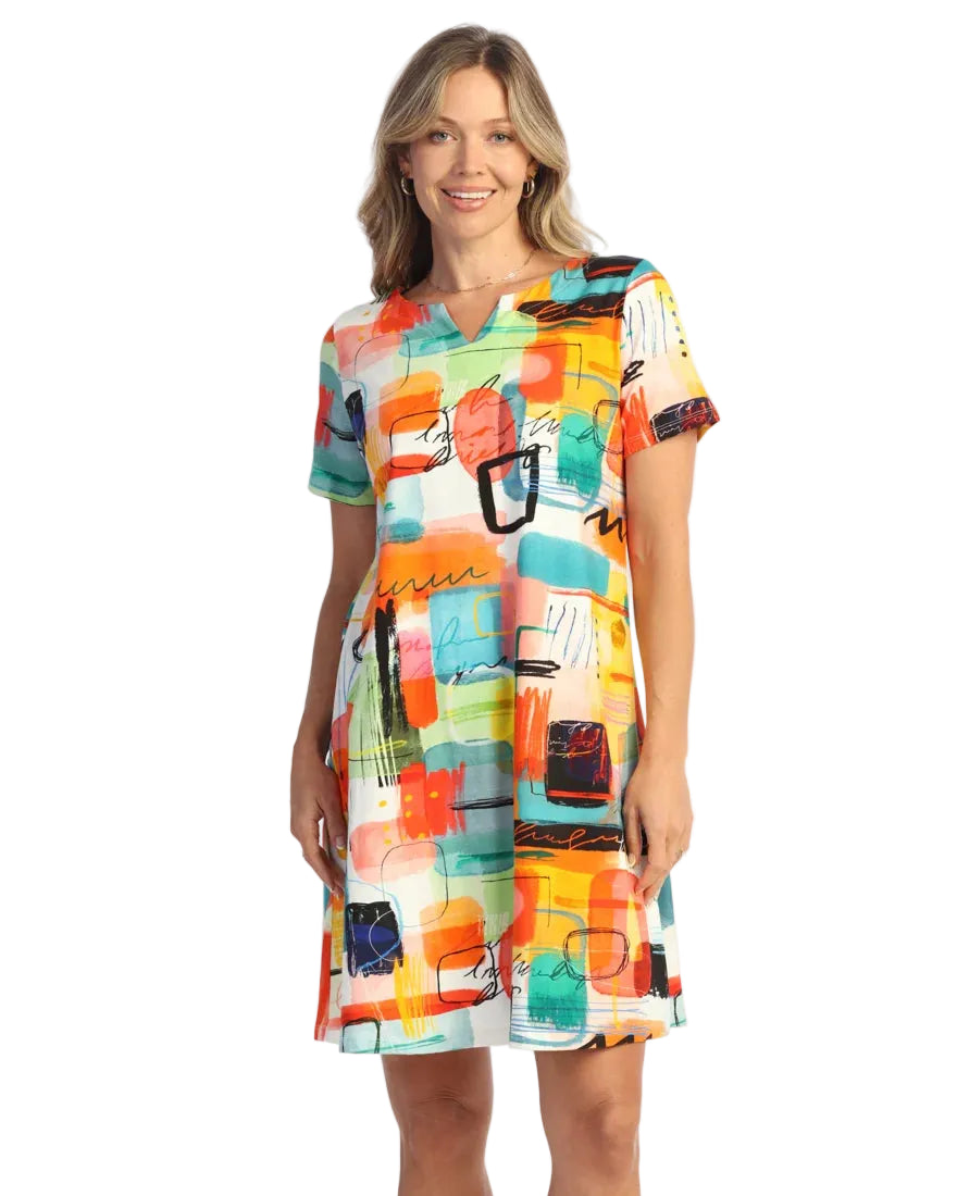 Cotton/Spandex Notch Shift Dress - Modernist
