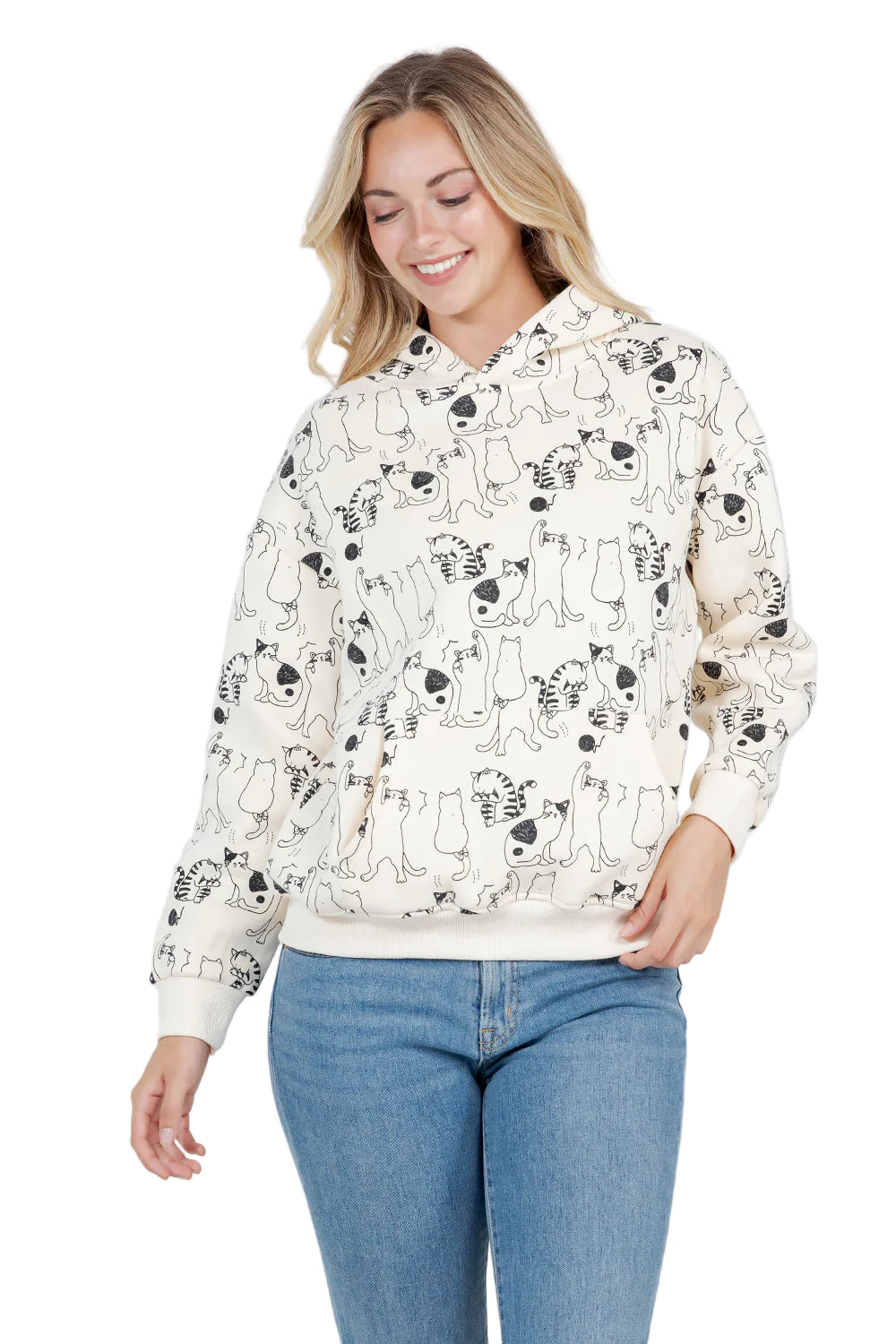 Fleece Lined Pullover Hoodie - Dancing Cats