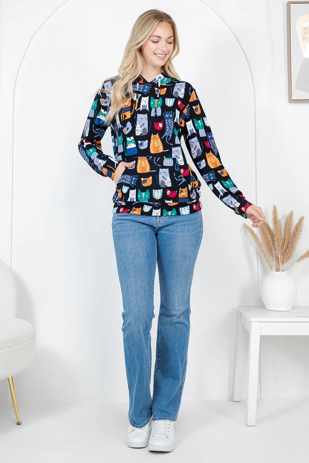 Soft Sweater Knit Pullover Hoodie - Cats