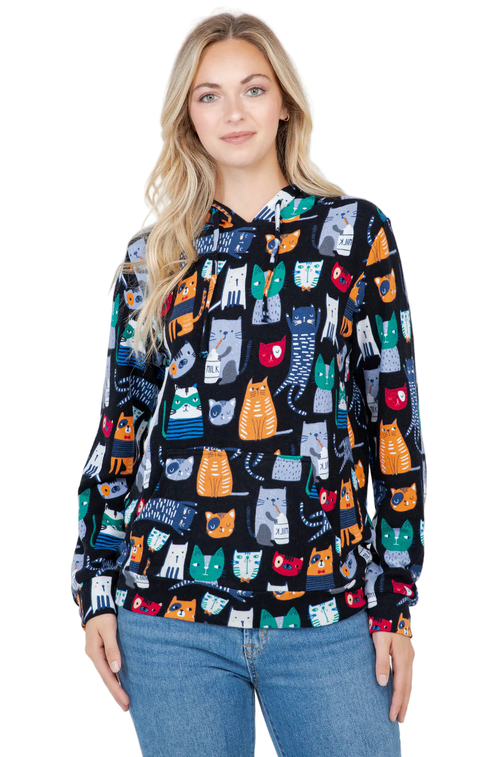 Soft Sweater Knit Pullover Hoodie - Cats