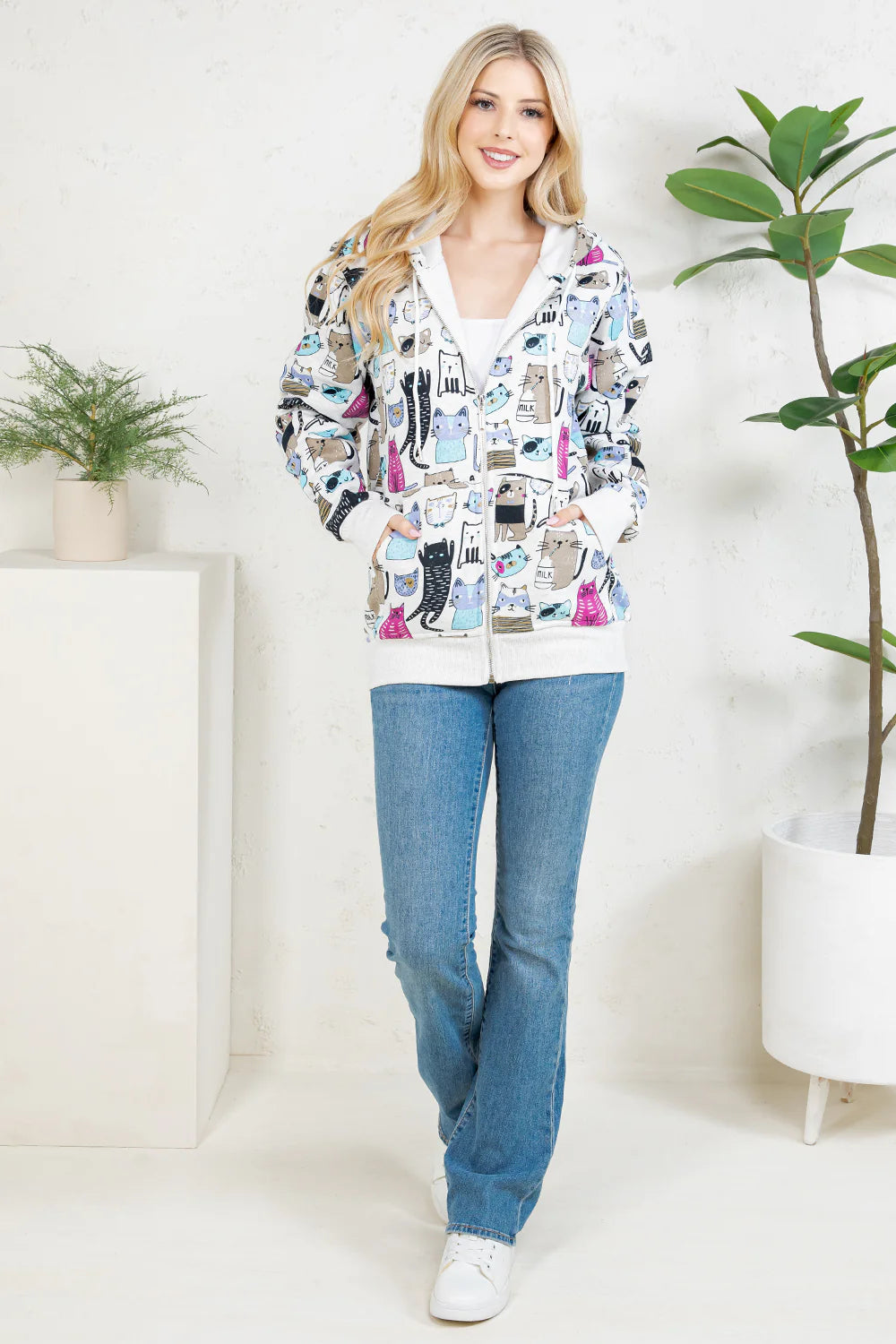 Zipper Fleece Hoodie - Cat Print