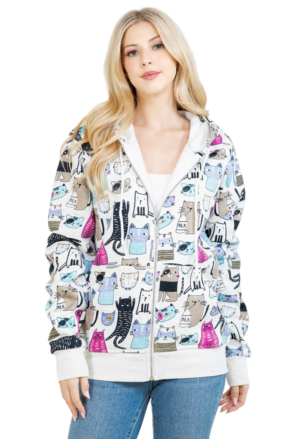 Zipper Fleece Hoodie - Cat Print